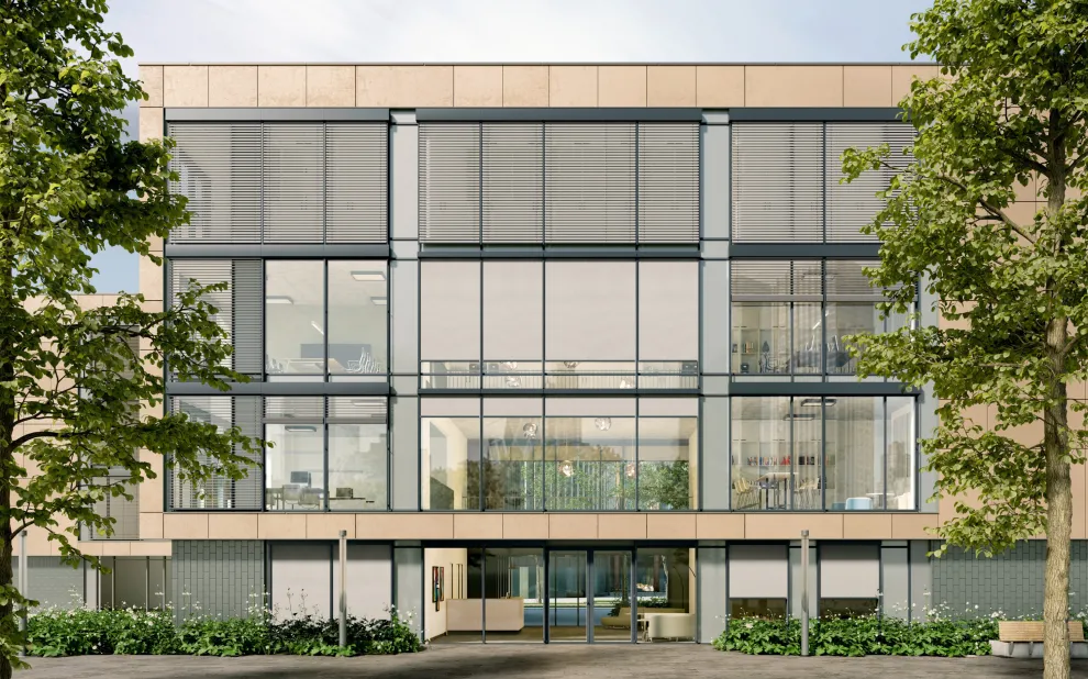Ob als Markise oder als Raffstore: Der neue Pfosten-Riegel-Sonnenschutz von Warema integriert sich optisch perfekt in die Gebäudehülle