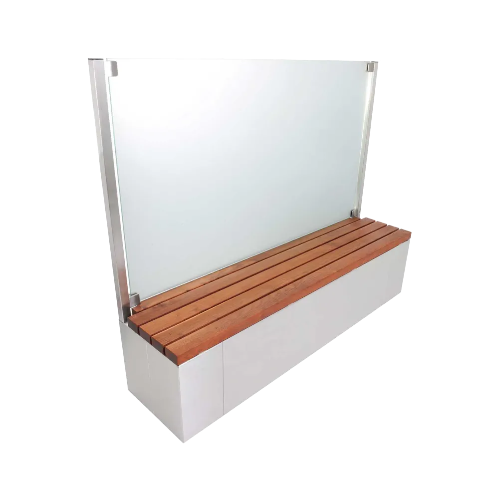 Modular Ventus mit Klarglasscheibe (seitlich) und Sitzbank Cortenstahl