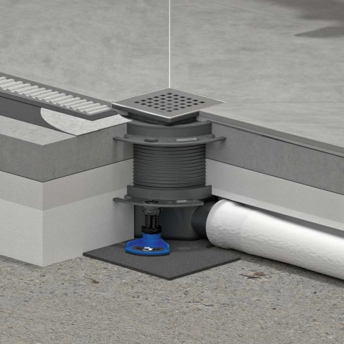 Ablaufgehäuse DallDrain mit Aufsatz Select Quadra 120 x 120, Aufstockelement und Schallschutzmatte