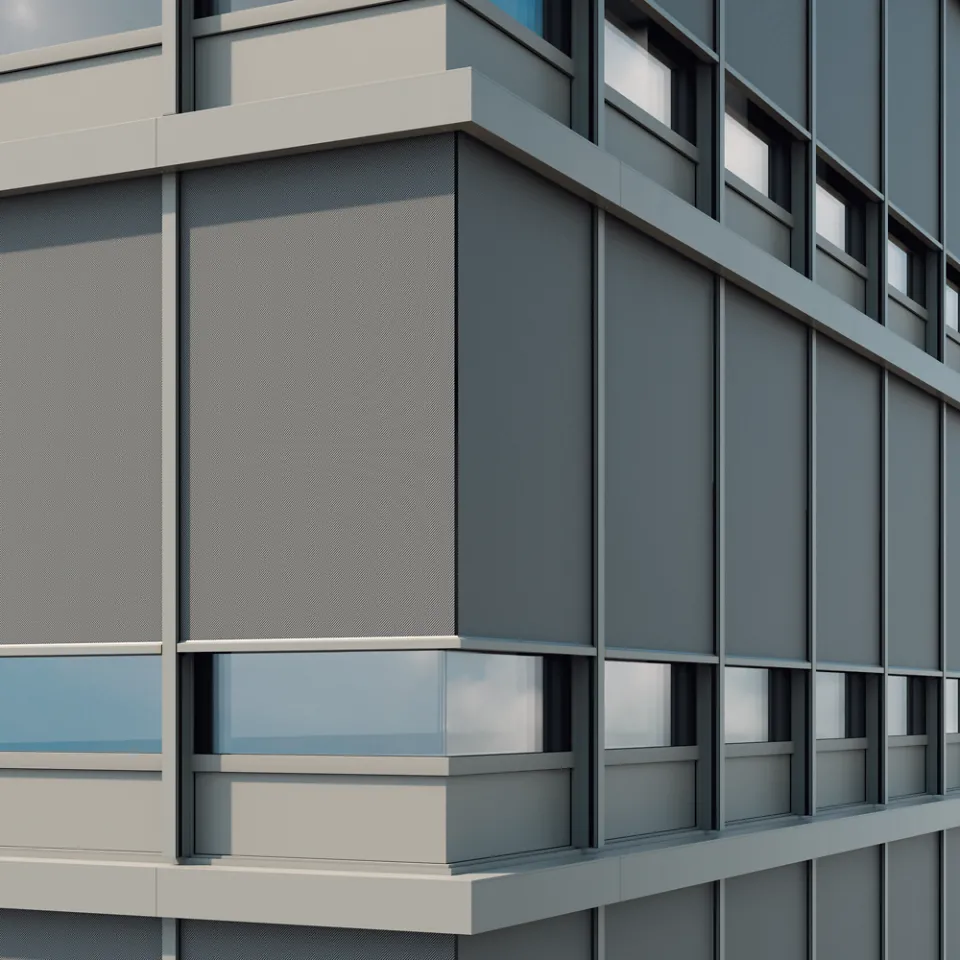 Fassadentextilscreen - zipSCREEN F50 Ganzglasecke 90° Fassadentextilscreen - zipSCREEN F50 Ganzglasecke 90°