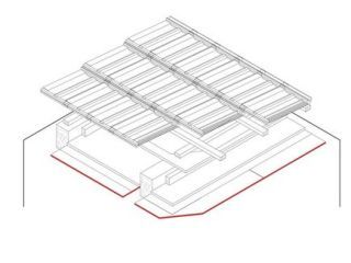 Gipsplatten-Bekleidung mit teilw. freiliegenden Sparren, 1 x 9.5 / 12 mm DANO® Bau, Ausführung mit Holzwerkstoffplatte ≥ 600 kg/m³, d ≥ 16 mm