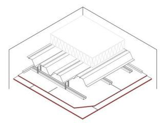 Abgehängte Unterdecke unter Trapezblech, 2 x 12.5 mm DANO® Platten, Ausführung mit CD Metall-Unterkonstruktion