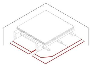Gipsplatten-Bekleidung mit freiliegenden Holzbalken mit teilweise freiliegenden Holzbalken , 2 x 12.5 mm DANO® Feuer, Ausführung mit Unterkonstruktion aus Holzlattung