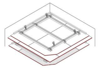 Abgehängte Unterdecke mit zusätzlicher Sichtdecke, 2 x 12.5 mm DANO® Feuer, Ausführung mit CD Metall-Unterkonstruktion