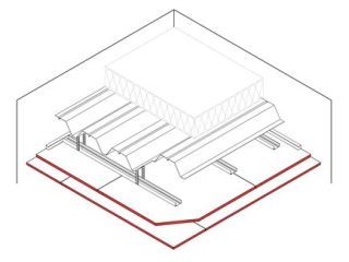 Abgehängte Unterdecke unter Trapezblech, 15 + 18 mm DANO® Feuer, Ausführung mit CD Metall-Unterkonstruktion