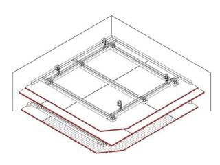 Abgehängte Unterdecke mit zusätzlicher Sichtdecke, 15 + 18 mm DANO® Feuer, Ausführung mit CD Metall-Unterkonstruktion