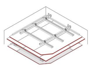 Freitragende Unterdecke mit zusätzlicher Sichtdecke, 15 + 18 mm DANO® Feuer, Ausführung mit Metall-Unterkonstruktion