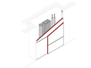 Vorsatzschale/Schachtwand freigespannt, 2 x 25 mm DANO® Massiv , einseitig beplankt, Stahlwinkelprofil 50/35/0,7 mm, ohne Mineralwolleinlage