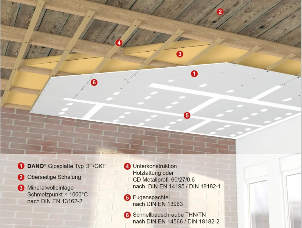 D 30-11a Unterdeckenbekleidung Holzbalkendecke F30-B (1 x 12,5 mm DANO® Feuer DF/GKF)