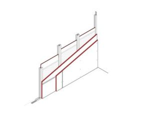Vorsatzschale freistehend mit in Doppelständerwerk rückseitig eingestellter Gipsplatte, 2 x 20 mm DANO®Platten, einseitig beplankt