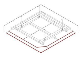 Abgehängte Unterdecke, 2 x 12.5 mm DANO® Platten, Ausführung mit Unterkonstruktion aus Holzlattung