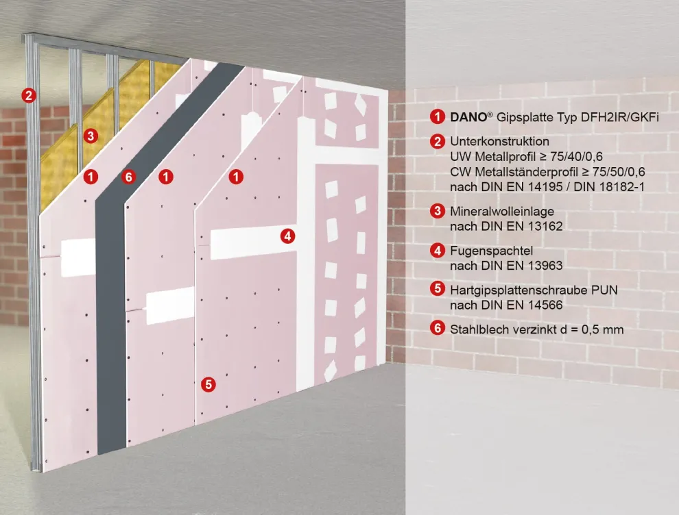 W 90-95 Einbruchhemmende Metallständerwand RC3 mit DANO® Stabil DFH2IR/GKFi