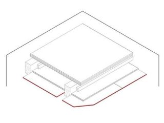 Gipsplatten-Bekleidung mit freiliegenden Holzbalken mit teilweise freiliegenden Holzbalken , 1 x 9.5/ 12 mm DANO® Bau, Ausführung mit Holzwerkstoffplatte ≥ 600 kg/m³, d ≥ 16 mm