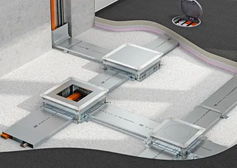Die Unterflurkanäle und Unterflurdosen des EÜK-Systems von OBO werden direkt auf dem Rohbeton montiert.