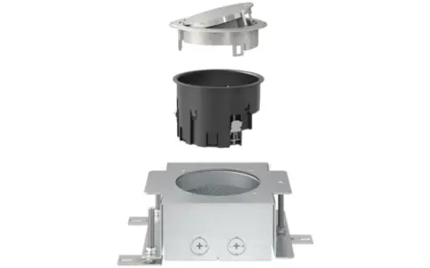 Die GES R2 ist modular aufgebaut aus Geräteeinsatz (passend für Modul 45®-Einbaugeräte), Installationsdose und nivellierbarer Estrichdose.