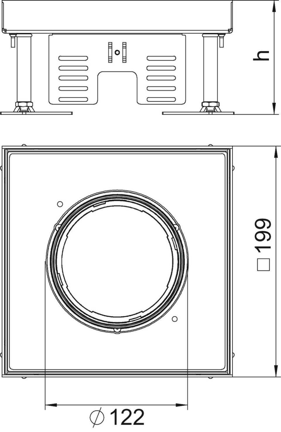 Quadratische Kassette für Tubus 200x200mm, A2, 1.4301
