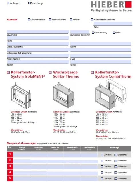 Auszug aus dem Bestell- und Anfrageformular