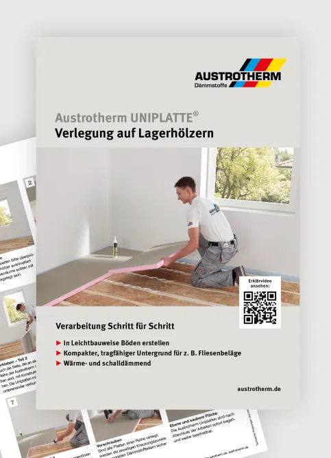 Zweiseitige Folder zeigen übersichtlich die Verlegung der Austrotherm-Uniplatte am Boden, an der Wand, in Wohnräumen aber auch als vorgefertigtes Shower-Board. © Austrotherm