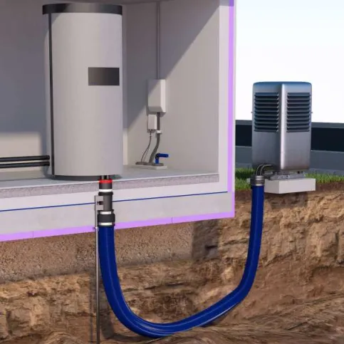 Bodeneinführung durch die Bodenplatte für Monoblock-Wärmepumpe.