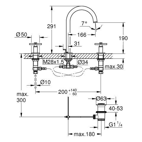 GROHE 3-Loch-WT-Batterie Atrio 20643 Rohrauslauf Kreuz-Griff supersteel