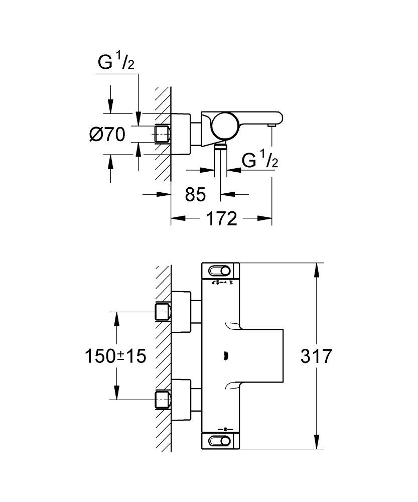 Grohtherm 2000 Thermostat-Wannenbatterie Wandmontage Grohtherm 2000 Thermostat-Wannenbatterie Wandmontage