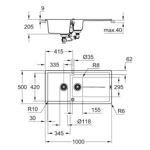 GROHE Kompositspüle K400 31642 1,5Becken 1000x500mm mit ATF re/li granit schwarz