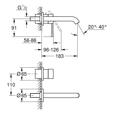 GROHE 2-Loch-WT-Wandbatterie Essence 29192_1 FMS Ausladung 183mm supersteel