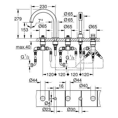 GROHE 5-L-Wannenkombin. Atrio Private C. 25224 für Hebelgriffe hard graphite geb.