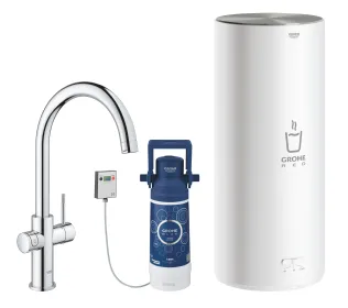 GROHE Red Duo Armatur mit C-Auslauf, Boiler L-Size für 5,5 Liter kochend heißes Wasser, GROHE Red S-Size Filter