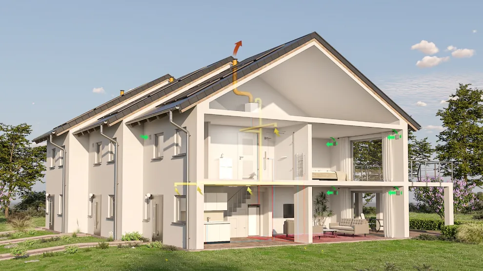 Geteilte Abluft-Wärmepumpe NIBE S735, platzsparend im Dachboden sowie unter dem Treppenaufgang platziert.