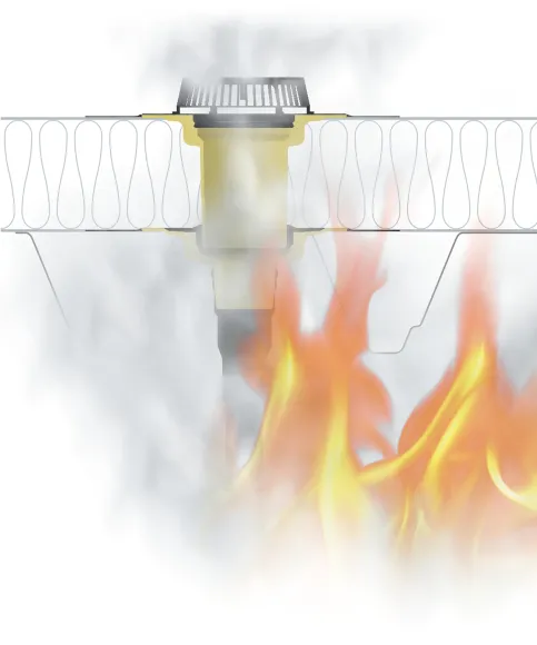 Ohne SitaFireguard® Bei einem nicht geschützten Gully können Anschlussrohr und Gully verbrennen. Flammen können von innen nach außen auf das Dach überschlagen.
