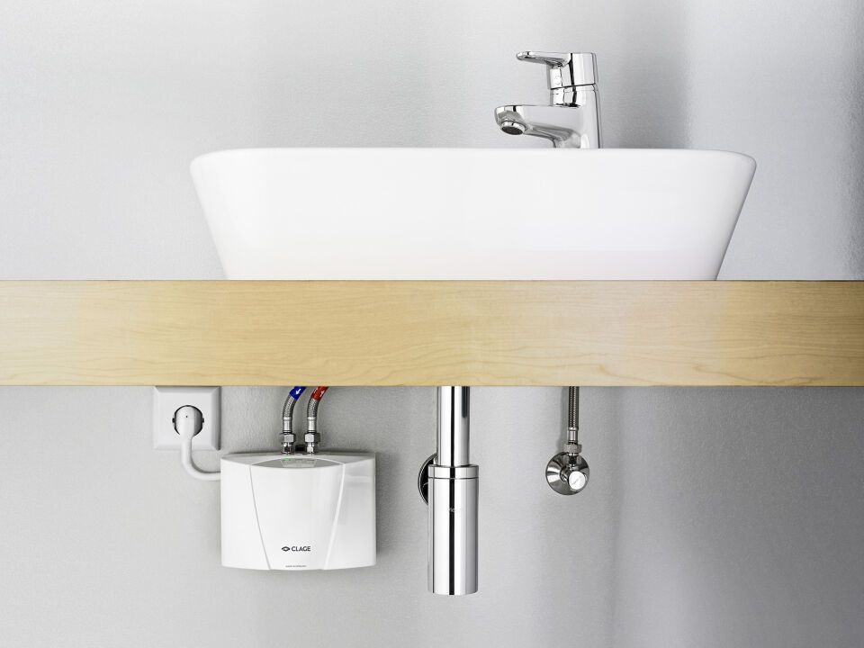 CLAGE E-Klein-Durchlauferhitzer mit Armatur MCX Blue für das Waschbecken, steckerfertig