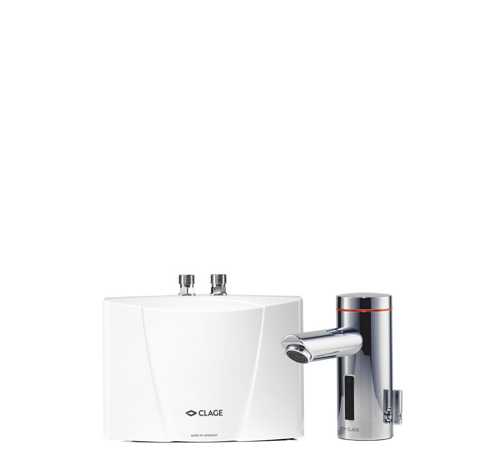 CLAGE E-Klein-Durchlauferhitzer mit Sensorarmatur MBX Lumino für das Handwaschbecken
