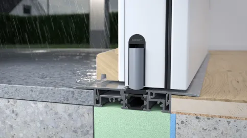 Die Dichtung senkt sich gleichmäßig ab und passt sich optimal an das gegebene Niveau an. Bei der zweiflügligen Variante Comfort-Plan® LC wird zusätzlich der Mittelstulp der Türblätter automatisch abgedichtet.
