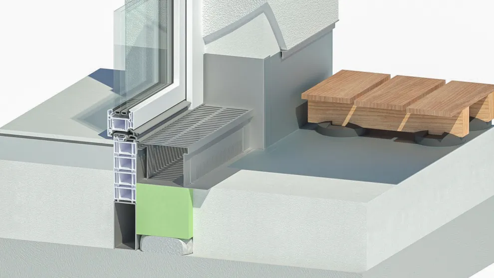 Barrierefreie Fassadenrinne INNORIN® F für den wärmebrückenfreien Anschluss an begehbaren Flachdächern