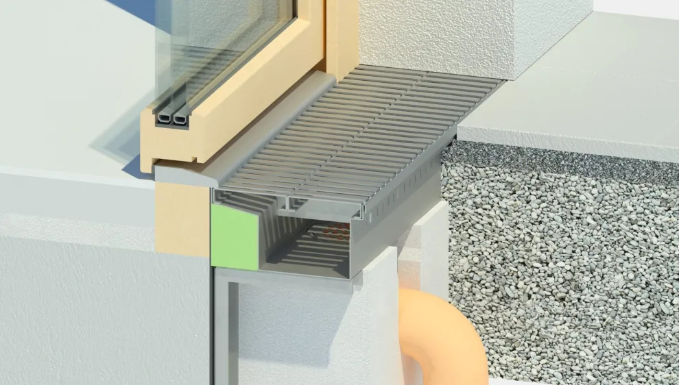 Barrierefreie Entwässerungsrinne INNORIN®T für den wärmebrückenfreien Anschluss an Türen, Fassaden oder Terrassen