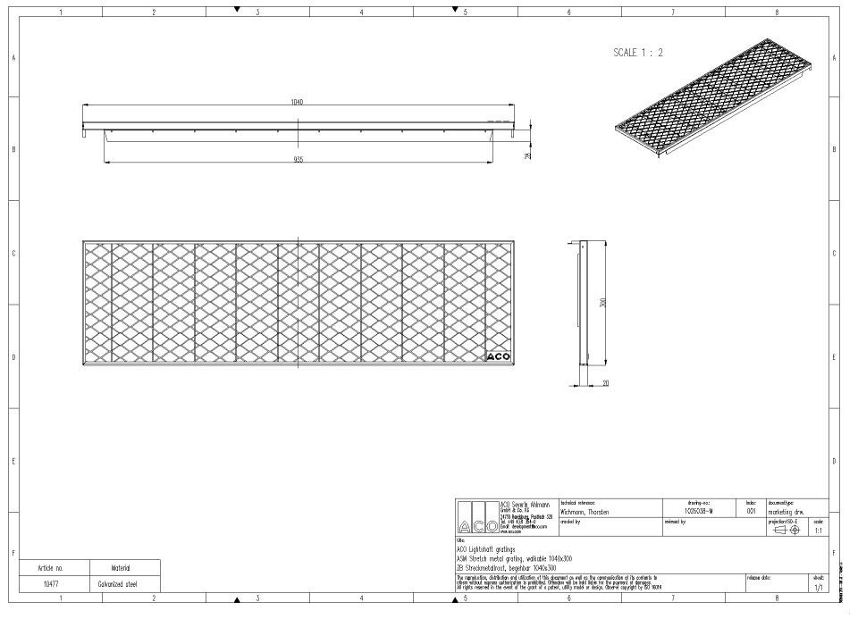 ACO Streckmetallrost 1040x300x 20 mm begehbar für Lichtschacht