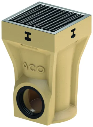 ACO Self Europoint Punktablauf tief eckig Maschenrost 30/10 verzinkt B125 m. Schlammeimer Anschl. DN/OD110 waagerecht