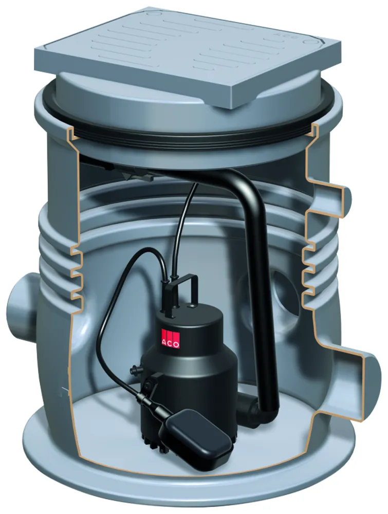 ACO Hebeanlage Sinkamat-K50/2 1Pumpe Beh. PE Deck.360x300 mm P2: 0.43kW wählbar