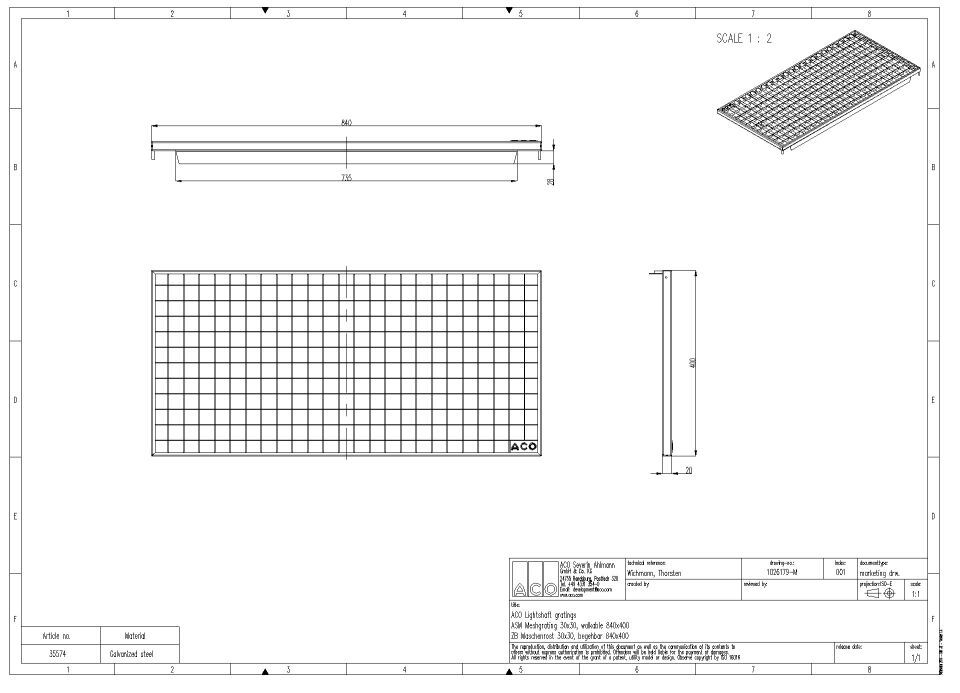 ACO Maschenrost MW30/30 begeh bar für Lichtschacht 800x400 mm Außenmaß: 840x400x20 mm