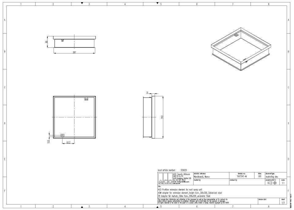ACO Profiline 30x30cm Aufstock element f. Dachaufsatz H6cm vz