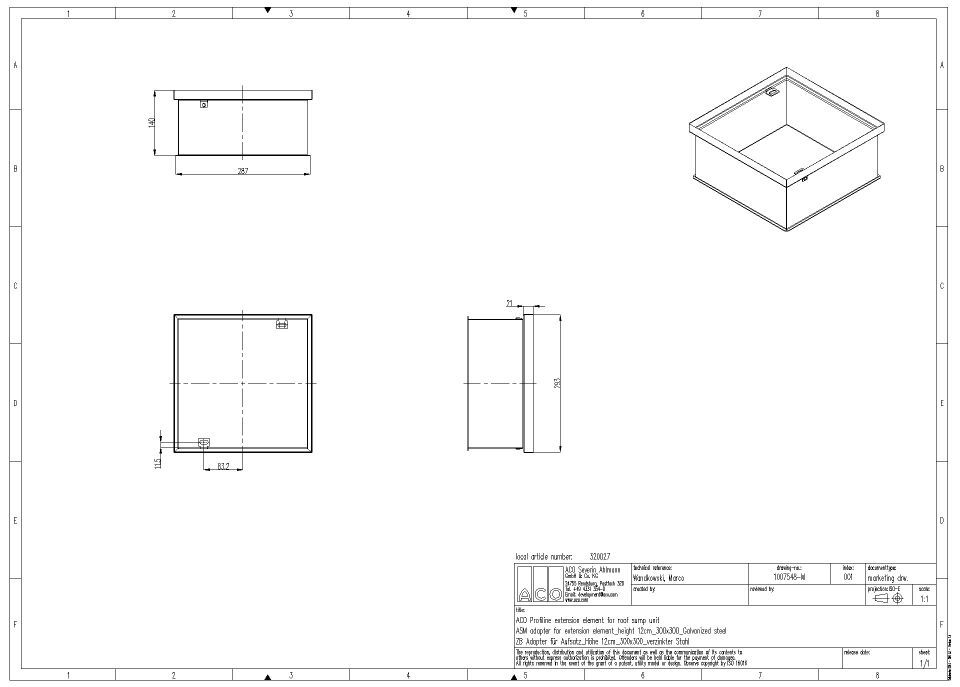 ACO Profiline 30x30cm Aufstock element f. DachaufsatzH12cm vz