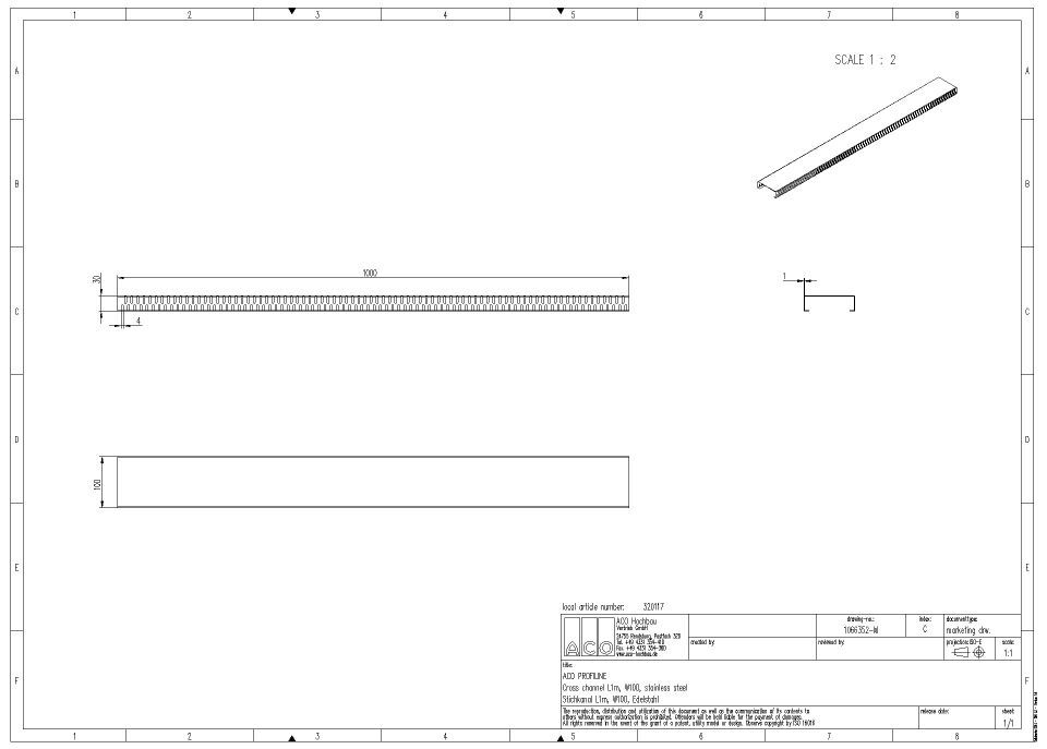 ACO Profiline 1,0 m Stichkanal H 3 cm B 10 cm V2A