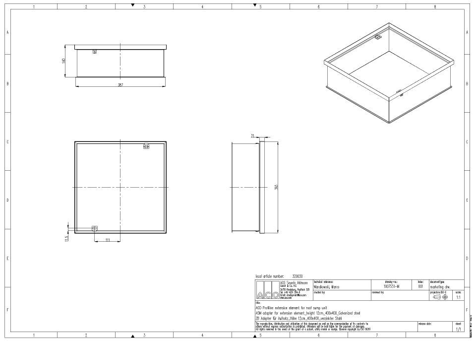 ACO Profiline 40x40cm Aufstock element f.Dachaufsatz H12cm vz