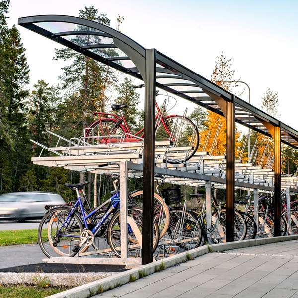 Einseitiger Fahrradparker FalcoLevel Eco für 12 Plätze, 6 Stellplätze oben und 6 Stellplätze unten, Vorderradabstand Mitte zu Mitte 50cm