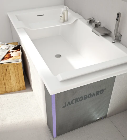 Badewannenverkleidung mit JACKOBOARD® Plano Bauplatten und dem JACKOBOARD® Wabo Wannenbauelement mit teilweiser Verfliesung