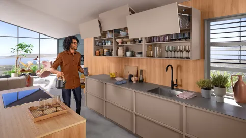 Die Fronten mit AVENTOS top bleiben in jeder Position stehen. Selbst große Fronten müssen daher nicht immer komplett geöffnet werden.