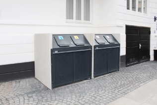 VR-1100 Müllbehälterschrank Design Typ L, Betonoberfläche Sichtbeton, Lochblechdesign