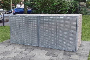 Mülltonnenschränke für je 2 Mülltonnen. Betonoberfläche “Herbstlaub”,Türen Pyramidenblech