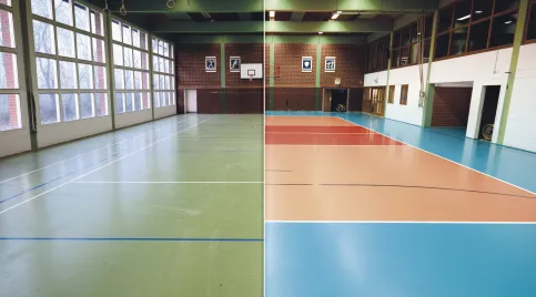 Sporthalle Tönnis vorher — nachher